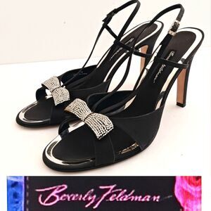 Beverly Feldman Dressy High Heeled Slingback Sandals Blk w Rhinestone Bows US 11